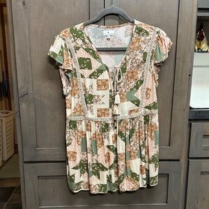 Umgee Floral Patchwork Blouse in Green and Cream